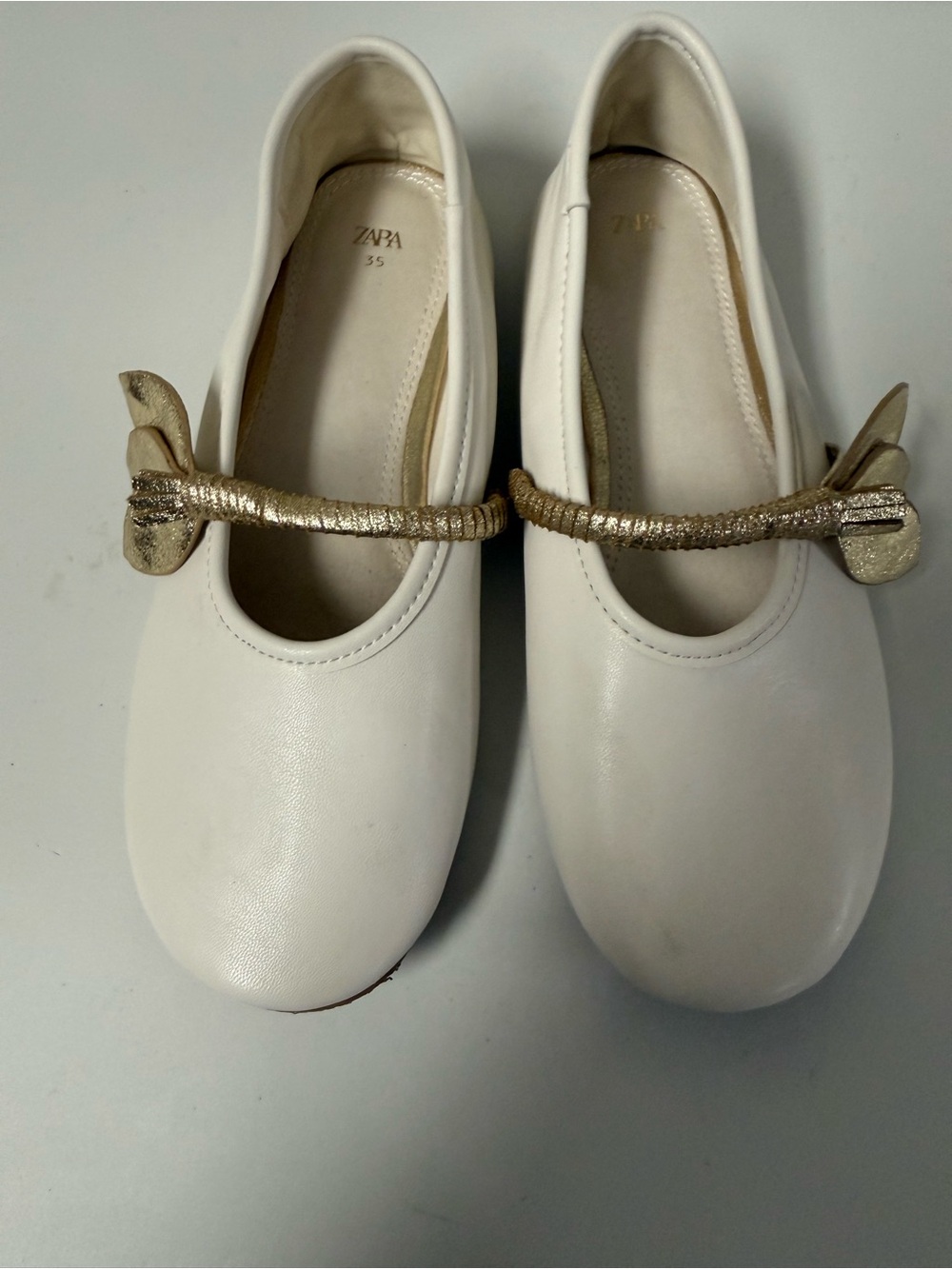 Zara White Girls Dress Flats with Gold Bow Strap